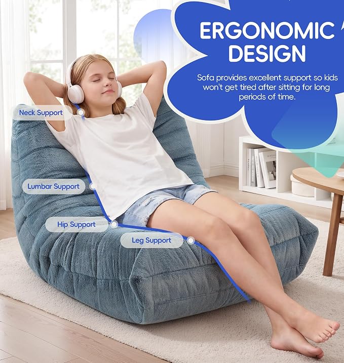 Hobestluk Medium Bean Bag Chairs Lounge Floor Chair BeanBag Couch Togo Sofa | Ergonomic Design,Memory Foam,No Assembly,Faux Fur Fireside Chair Back Support for Reading Playroom | Bluegrey Plush Medium - Image 4