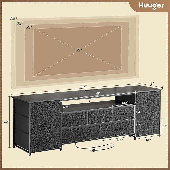 Huuger 70 Inch TV Stand for 75, 80 Inch TV, 11 Drawer Long Dresser with Power Outlets and LED Lights, Entertainment Center with Storage, Black Dresser with PU Leather Surface - Image 3