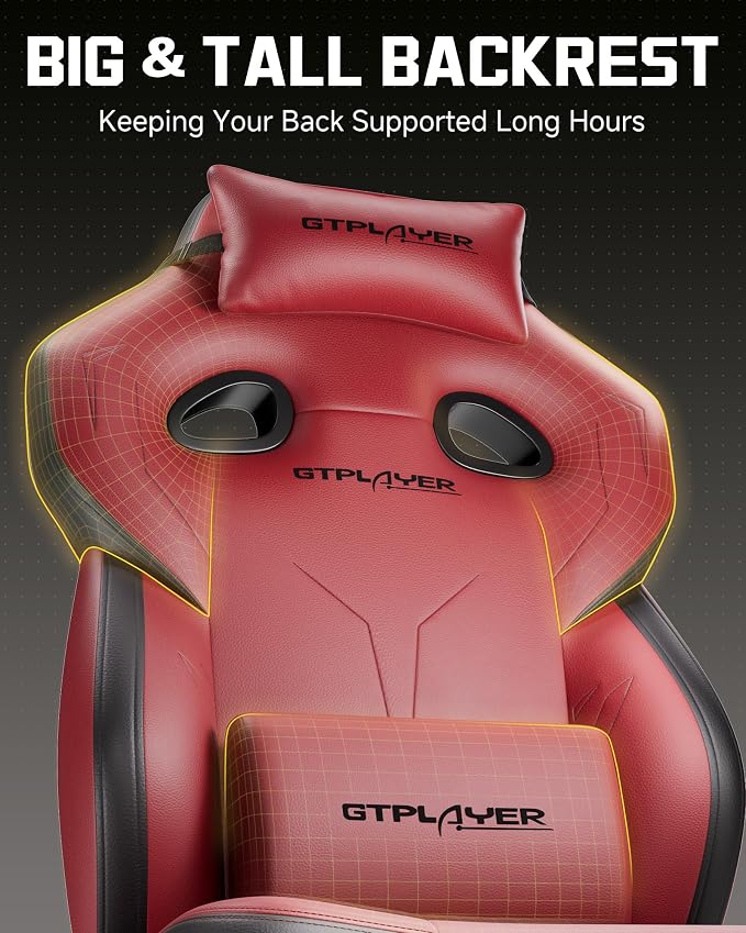 GTPLAYER Big & Tall Gaming Chair, Wide Seat with Footrest, Wine Red | Ergonomic High Back Computer Desk Chair for Adults, Comfort Padded Seat with Lumbar Support Armrests Recliner for Office/Home - Image 4