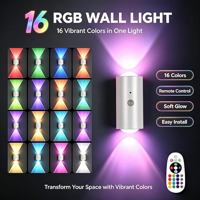 4 Pack RGB Dynamic Gradient Step Lights, Rechargeable Motion Sensor LED Wall Lamp with Remote, 1200mAh Dimmable Magnetic Mount Night Light for Staircase Hallway Bedroom Kitchen Bar - Image 3