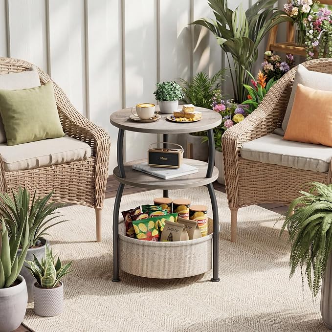 Round Side Table with Storage Basket, End Table Living Room, Greige - Image 7