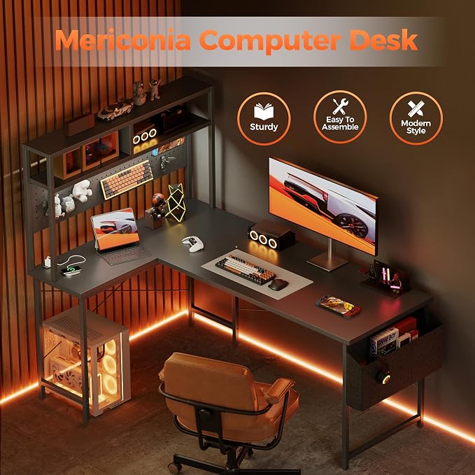 Mericonia 59 inch L Shaped Desk with Pegboard, Large Corner Gaming Desk | Reversible Computer Desk with Hutch, Power Outlets, LED Light & Storage Bag, Office Table for Home Bedroom Study Work Writing - Image 8