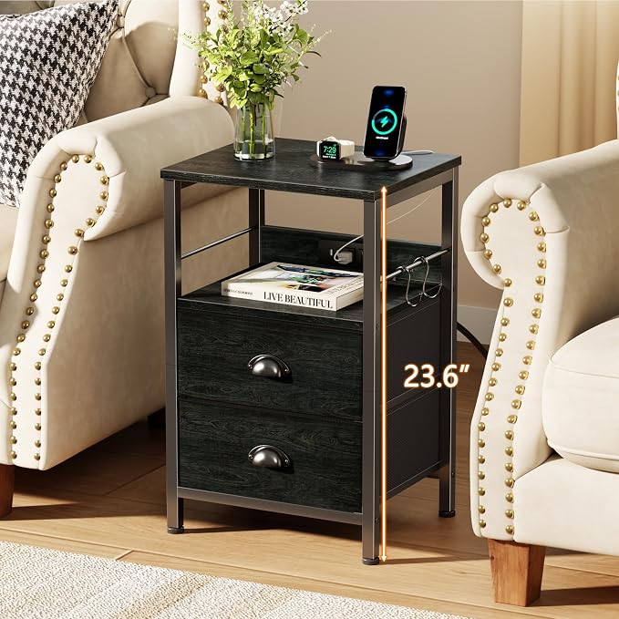 Nightstand with Charging Station for Bedroom, 2 Fabric Drawers, Black Oak - Image 2