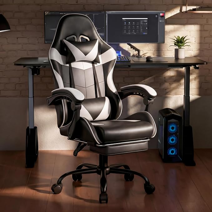 Gaming Chair, Ergonomic Footrest, Lumbar & Headrest(Black White) | Steel frame, PVC leather & memory foam; 330 lb; 21" seat; 360° swivel, 90–155° recline; easy assembly; gaming & work - Image 2