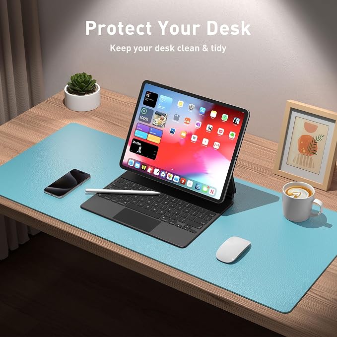 Aothia Large PU Leather Desk Pad Protector – Non-Slip Mouse Pad & Writing Mat for Office/Home, Waterproof, Easy to Clean(23.6" x 13.7", Blue Topaz) - Image 4