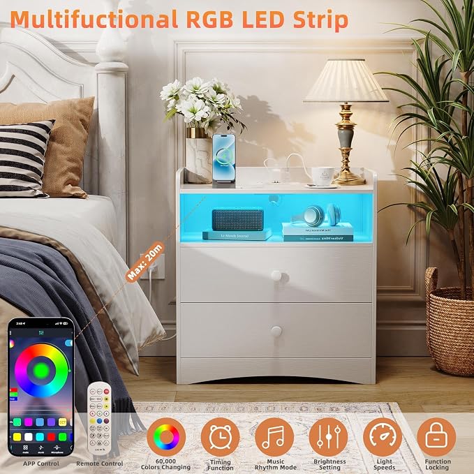 Memobarco 2 Pack Nightstand with Charging Station and LED Light, Modern Nightstand with USB Ports and Outlets, Wood Bedside Table with 2 Storage Drawers, Small Dresser for Bedroom Small Space, White - Image 3