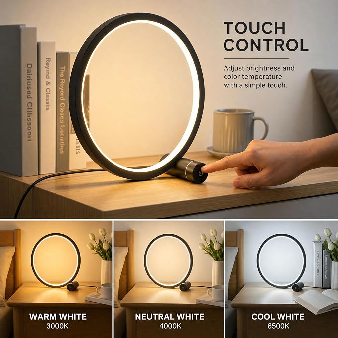 LED Touch Bedside Lamp, 3 Color Temperatures, Stepless Dimming, Black - Image 2