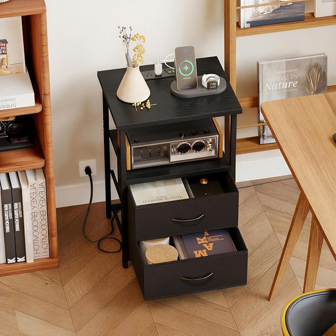 Fixwal Night Stand with Charging Station, 2 Fabric Drawers, Black - Image 7