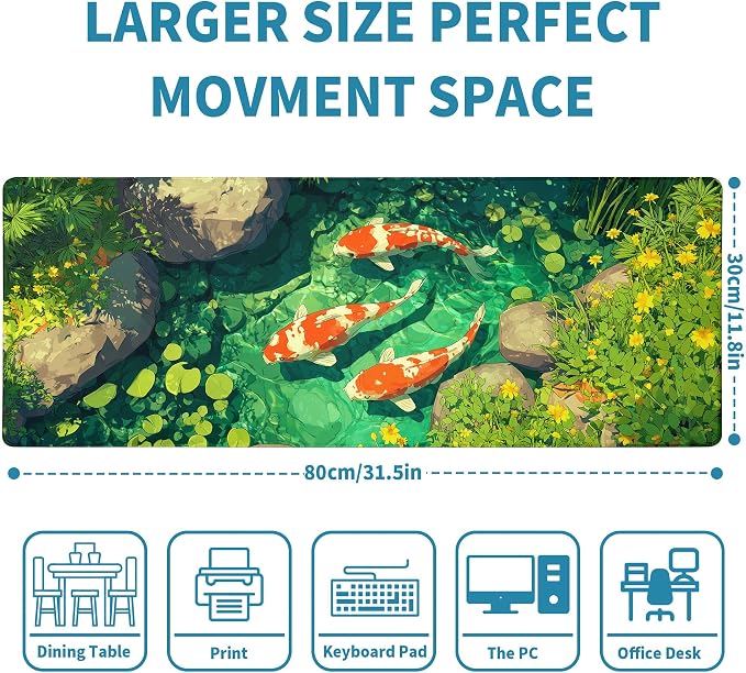 Fish Art Mouse Pad Green Desk Mat XL Mouse Gaming Pads, Fish Keyboard Pads Extra Large Desktop Computer Mats with Non-Slip Base & Stitched Edges, Vintage Office Decor 31.5x11.8 - Image 2