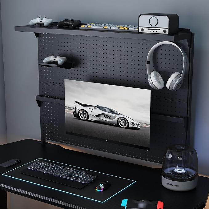 Clamp On Desk Pegboard with Single Monitor Stand, 43x35 Inch Steel Peg Board Organizer with Hooks Movable Panel for Gaming Office, Black - Image 2