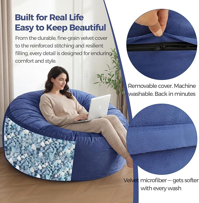 ACH 4ft Bean Bag Chair for Adults, Large Oversized Memory Foam Floor Chair, Machine Washable Velvet Cover, Living Room and Bedroom, (Blue,Large) - Image 4