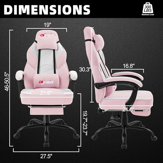 Shintenchi Big and Tall Gaming Chair Fabric Pocket Spring Cushion, High Back Recliner with Footrest and Headrest for Adults, Massage Lumbar Support for Home Office, Ergonomic Computer Desk Chair, Pink - Image 3