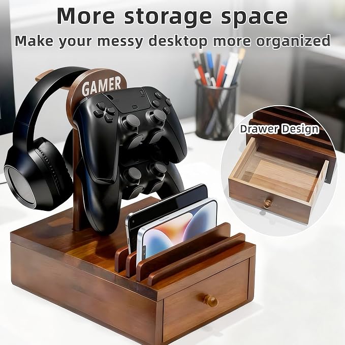 Gamer Controller Holder Headphone Stand with Storage Drawer for Gaming Equipment,Wood Gamer Gifts for Teenage Boy,Headpset Stand Gaming Desk Accessories for Fathers Day Men,Son,Husband - Image 2