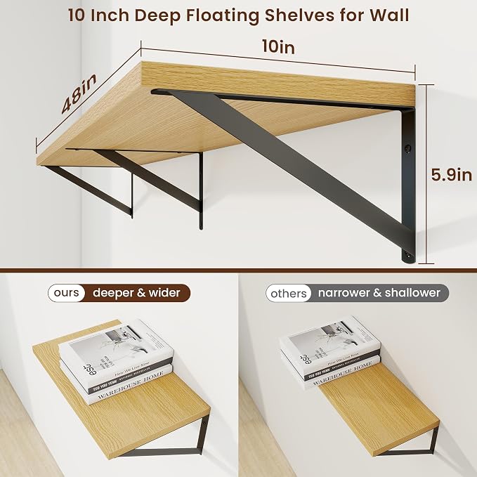 Axeman Deep Floating Shelves, 48'' x 10'' Oak Wall Shelves Set of 2 - Image 3