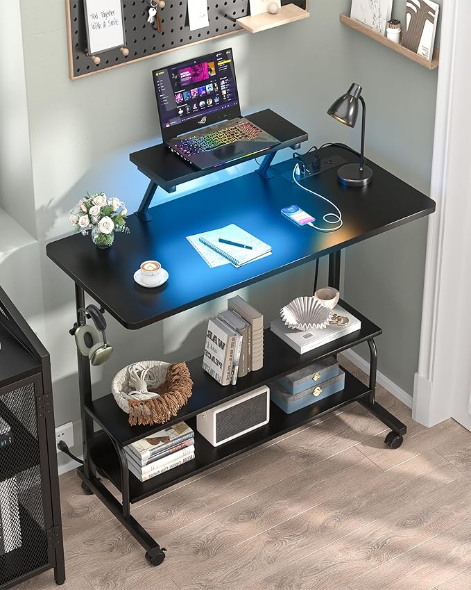 Height Adjustable Standing Desk with Power Outlets and LED Lights - 39" Manual Stand Up Desk with Monitor Stand and Storage Shelves Small Mobile Rolling Computer Desk Portable Laptop Table, Black - Image 2
