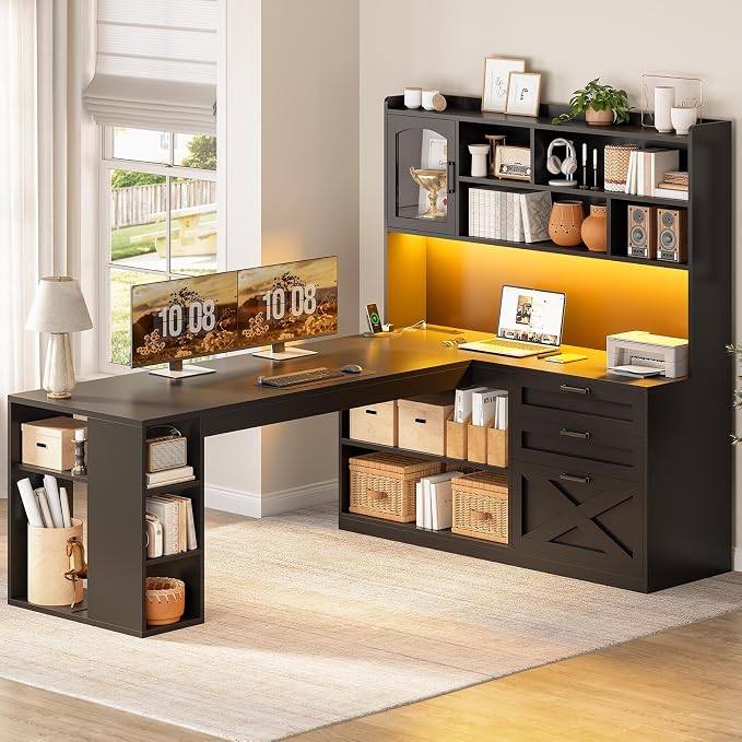 SEDETA 61" Farmhouse L Shaped Gaming Desk with Drawers, Bookshelf Storage - Image 3