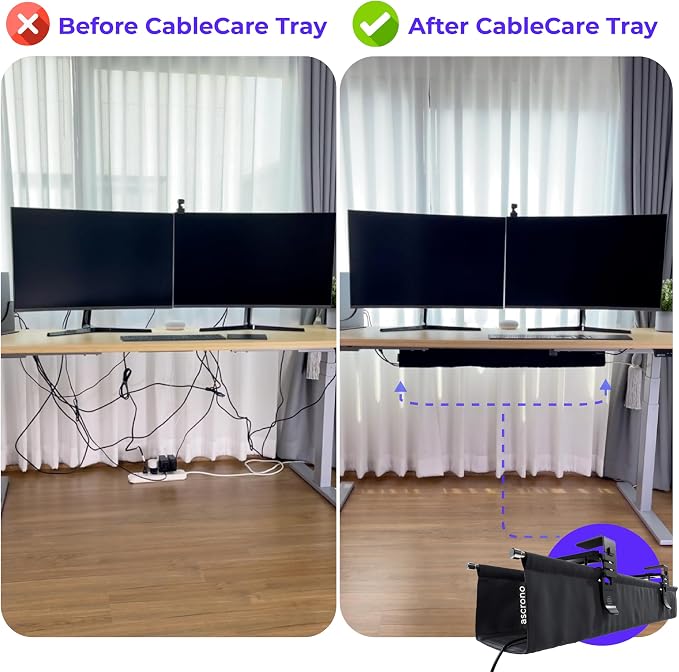 Ascrono Original No Drill Under Desk Cable Management Tray 27.3" - Premium White Fabric Cable Management Under Desk - Clamp/Screw Mount Cord Organizer - Supports Upto 66lbs - Image 7