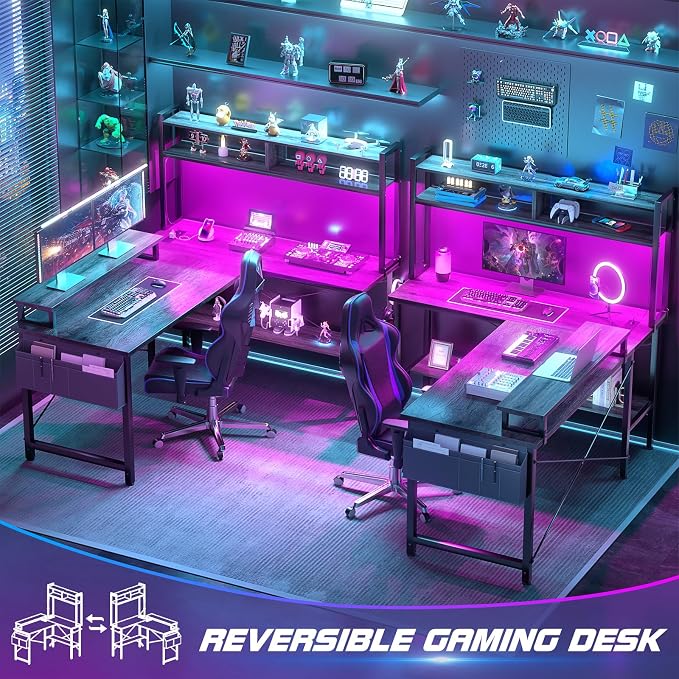 Aheaplus L Shaped Gaming Desk with Power Outlets & LED Lights, Black Oak - Image 7