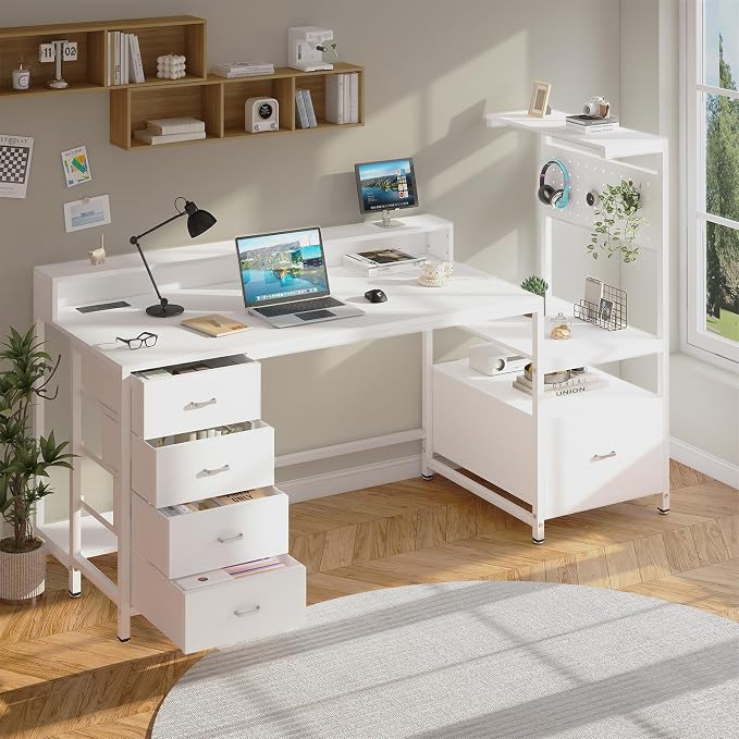 Computer Desk with Drawers, Home Office Desk with Storage Shelves, Charging Station, Corner Gaming Desk with Pegboard for Workspace, White by Lazmvlz