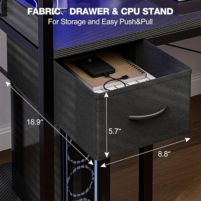 Grandder Gaming Desk 47 Inch with Power Outlet and LED Light, Computer Desk with Reversible Shelves and Storage Drawer, Pc Small Desk for Home Office Table with Bag, Carbon Fiber Black - Image 8