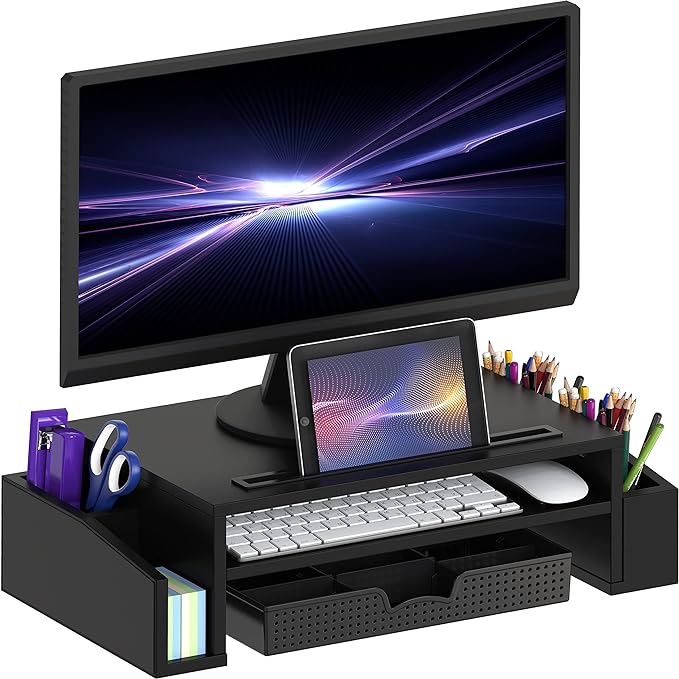 Simple Houseware Desk Monitor Stand Riser w/ Adjustable Tray, Black | Built-In Tablet Slot and Side Storage by SimpleHouseware