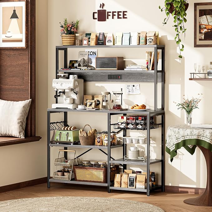 SUPERJARE Bakers Rack with Power Outlet, 47.2 Inches Coffee Bar with Basket - Image 9