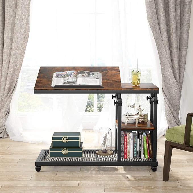 Tribesigns Height Adjustable C Table with Wheels, Mobile Couch Snack Side Table with Tiltable Drawing Board, Sofa Bedside Laptop Stand C Shaped TV Tray with Storage Shelves (Brown) - Image 4