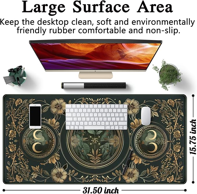 Celestial Art Nouveau Botanical Desk Mat Gold Moon Large Mouse Pad Emerald Vintage Big Gaming Mousepad 31.5''X15.7'' Plant Aesthetic Desk Pad XXL Extended Keyboard Mouse Mat Office Decor - Image 5