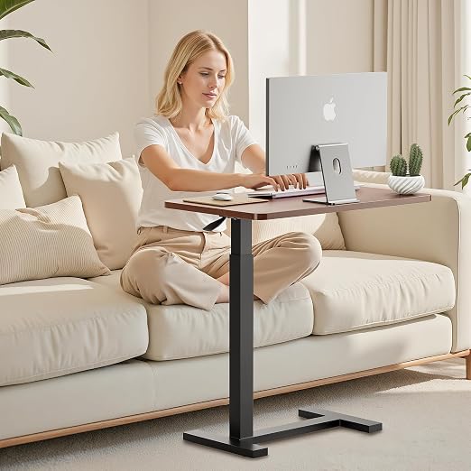Adjustable Overbed Bedside Table with Wheels, Rolling Laptop Table, Pneumatic Adjustable Hospital & Home Use Bed Table, Mobile Standing Desk, Brown - Image 2