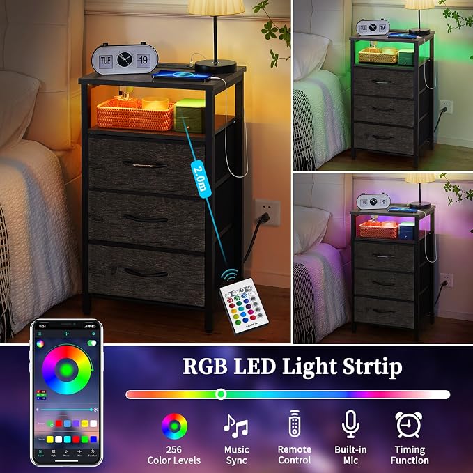 Yoobure Night Stand with Charging Station, 3 Fabric Drawers Nightstand, Bedside Tables with Storage Shelf, End Table with 16 Colors LED, Small Dresser for Small Space, Gray - Image 4