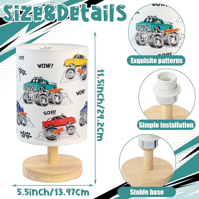 Construction Truck Table Lamp for Kids Bedside Lamp with Linen Wooden Nightstand Cartoon Nursery Lampshade for Bedroom Desk Birthday - Image 2