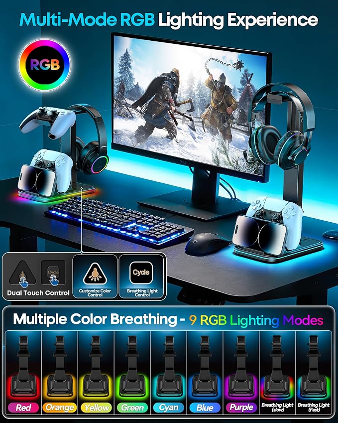 Gaming Headset & Controller Stand, Rotating Headphone Storage with 2 Controllers and Phone Holder, 9‑Color RGB Game Desk Storage for PS5/PS4/XBOX, PC Gamer Essentials Organizer Gift Accessories - Image 4