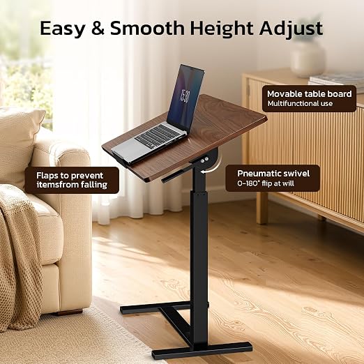 Mobile Standing Desk Adjustable Overbed Table, Pneumatic Height Adjustable Rolling Laptop Desk with Hidden Wheels, 0-180°Tilt Top Rolling Computer Cart Foldable for Home Office, Craft & Study, Brown - Image 4