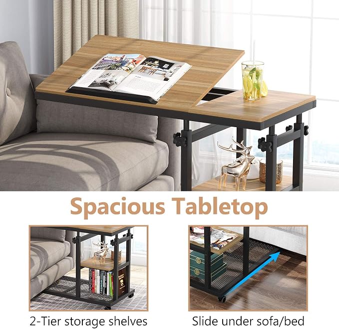 Tribesigns Height Adjustable C Table with Wheels, Mobile Couch Snack Side Table with Tiltable Drawing Board, Sofa Bedside Laptop Stand C Shaped TV Tray with Storage Shelves (Black+Oak) - Image 8