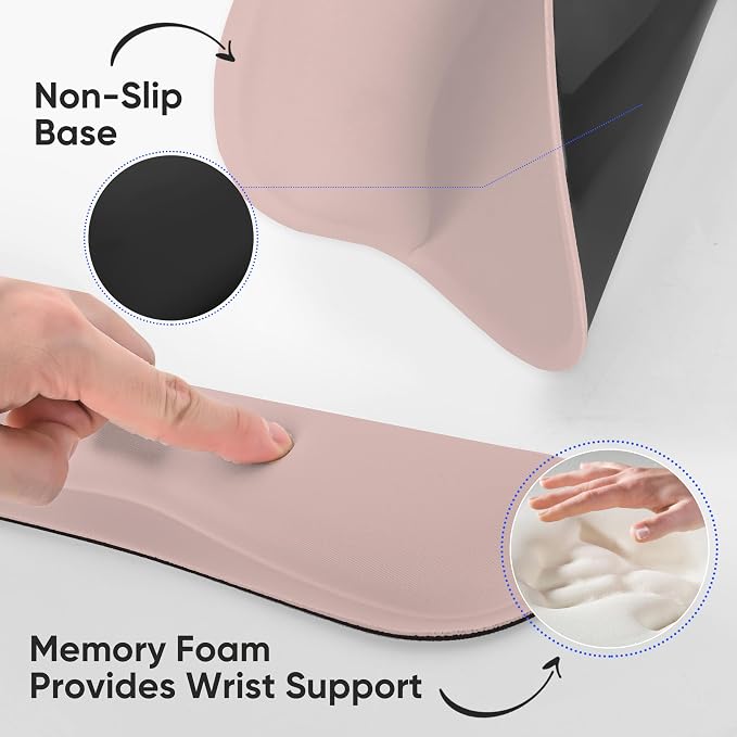 RICHEN Wrist Rest Support for Mouse Pad&Keyboard Set with Coaster,Concave Curved Memory Foam, Non-Slip Base Pain Relief Comfortable Easy Typing Pad for Home/Office (Lycra Pink) - Image 3