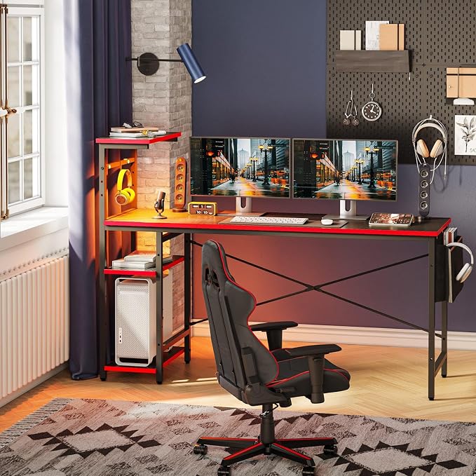 Bestier Gaming Desk with Shelves, 61 Inch Large PC Gaming Table with LED Lights, Led Gamer Desk with 4 Tiers Reversible Storage Shelves for Game & Bedroom Room (Black Grained) - Image 8