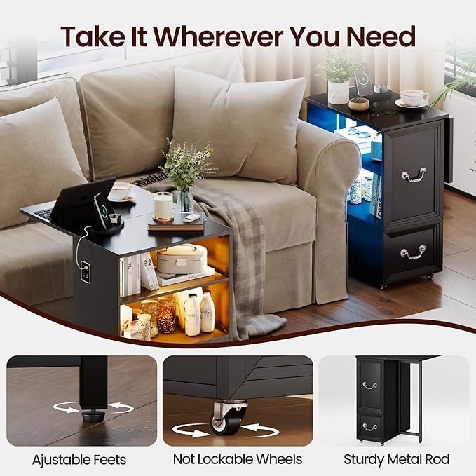 Dystler Rolling Side Table Set of 2 on Wheels, with Charging & LED Lights - Image 5