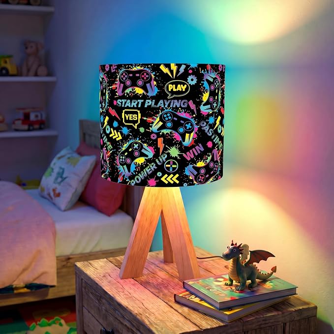 Glooglitter Video Game Table Lamp with Wood Triangular Stand 3 Colors Dimmable Lights 9.72 x 5.12 Inch Video Game Bedroom Room Decor Bedside Lamps Night Light for Desk Birthday Gifts - Image 2