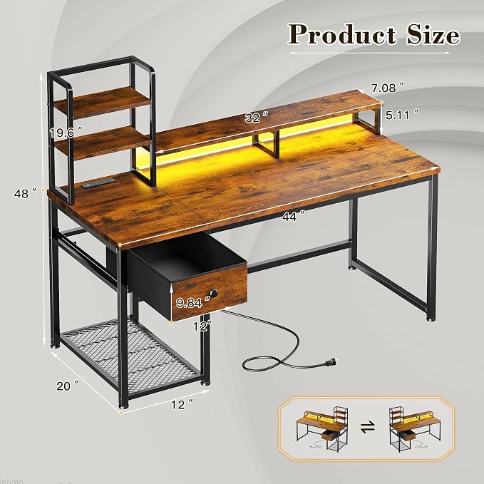 EnHomee 44" Small Computer Desk with Hutch & Shelves for Teen Gamer,Brown - Image 3