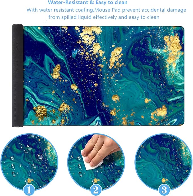 iCasso Extended Gaming Mouse Pad,Desk Pad 35.4x15.7in,Blue Marble | Large Non-Slip Rubber Base Mousepad with Stitched Edges,Waterproof Keyboard Mouse Mat for Work, Office, Home - Image 3