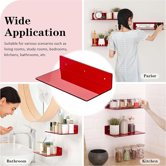Sezanrpt 12 Inches Red Small Wall Shelves, Acrylic Bathroom Floating Shelves for Living Room, Bathroom, Bedroom, 2 Pack - Image 6