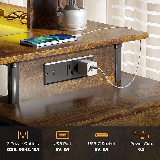 HOMCOM 56" Gaming Desk Monitor Stand Power Outlets LED Lights, Rustic Brown | Computer Desk, Storage Shelves, Fabric Drawers, 2 CPU Stands, Pegboard, Home Office - Image 4