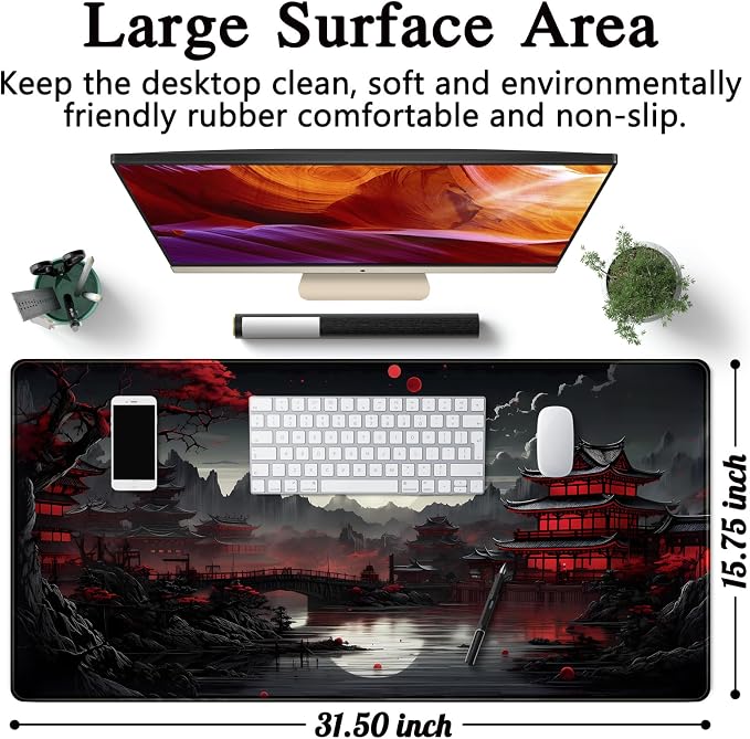 Japanese Desk Mat Riverside Full Moon Desk Pad Black Red Large Mouse Pad Gaming Mousepad Extended XXL Keyboard Pad 31.5 x 15.7 in Laptop Computer Mouse Keyboard Mat for Office Desk Decor - Image 5