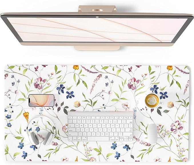 QiyI PU Leather Large Mouse Pad, 31.5" x 15.7", Watercolor Flowers | Desk Décor Accessories, Extended Size, Waterproof & Easy to Clean, Smooth Surface, Non Slip Desk Organization by QIYI