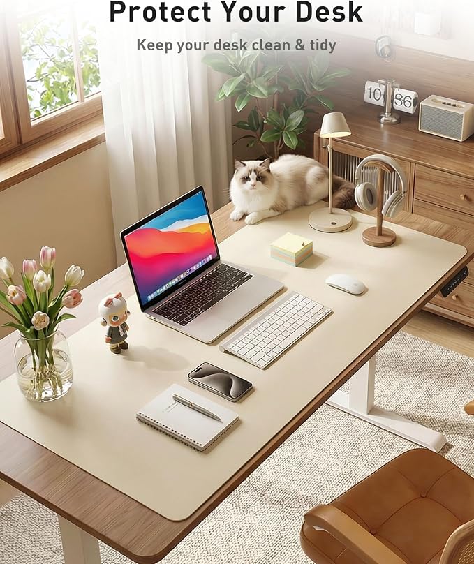Aothia Faux Leather Desk Mat - Large Mouse Pad, Non-Slip PU Leather Blotter, Waterproof Writing Surface for Office and Home (Beige, 63" x 17") - Image 3