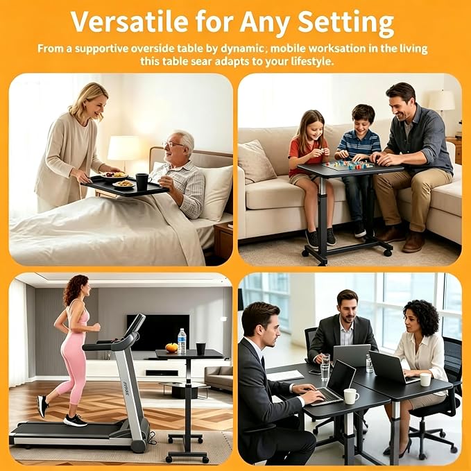 Adjustable Overbed Table with Wheels, Pneumatic Height Lift Rolling Bedside Table, Standing Desk for Home & Office Use, Ideal for Seniors & Limited Mobility (Black) - Image 7
