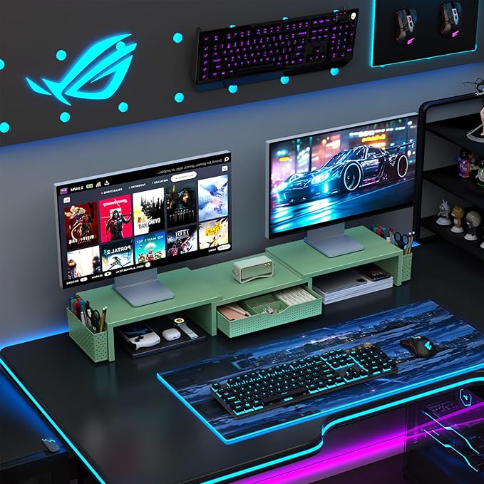 gianotter Dual Monitor Stand Riser With Drawer and 2 Pen Holders | Desk Organizer and Accessories Computer Monitor Stand, Desk Shelf for Top of Desk (Sage Green) - Image 6