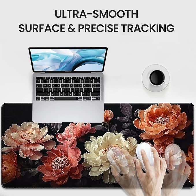 Extended Mouse Pad, Elegant Peony Floral Design, 35.4 x 15.7 Inch, Microfiber Surface, Non-Slip Base, Waterproof, Black with Coral and Cream Flowers - Image 3