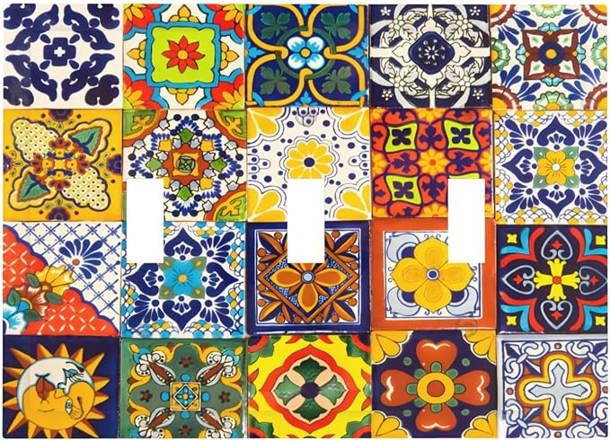 Decorative Light Switch Cover Plate Vintage Traditional Colorful Mexican Talavera Tiles Style 3 Gang Wall Plate Triple Toggle Switch Plate Covers 3 Hole Electrical Switchplate Dimmer Faceplate by JOOJIAO