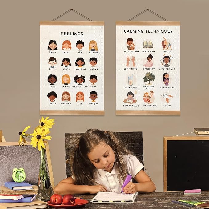 Feelings Chart & Emotional Learning Poster, Hanging Linen Canvas Wall Art with Solid Wood Frame, Montessori Social Skills Poster for Kids, Home & Classroom Decor – 2Piece Set 12x16 Inches (Feelings) - Image 5